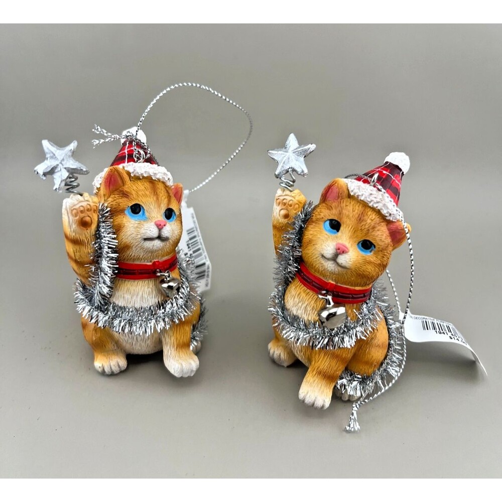 Holiday Lane Macy's Set of 2 Orange Tabby Cat Christmas Ornaments Tinsel Hat NWT
